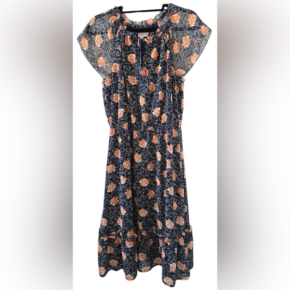 LOFT Floral Ruffle Neck Chiffon Dress